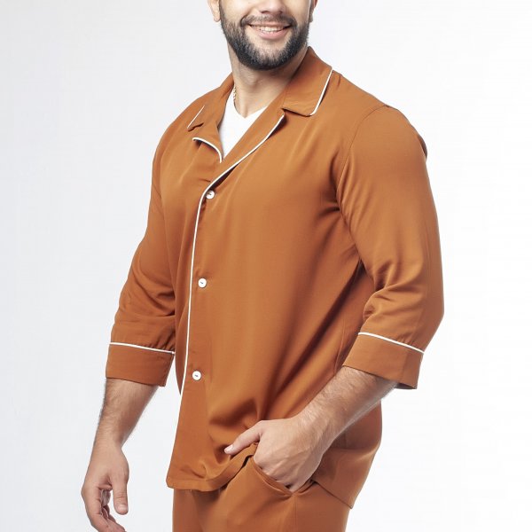 Мужская классическая пижама коричневая с молочным кантом